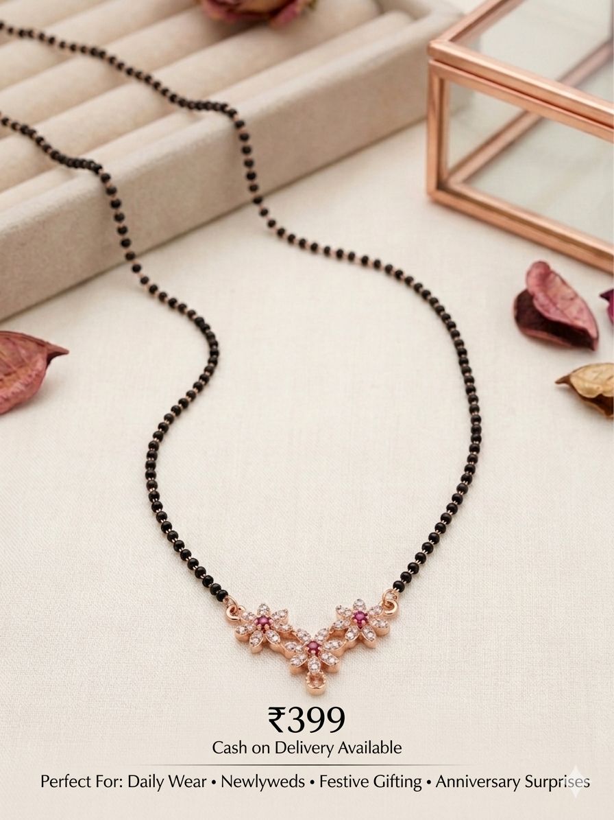 Women Rose Gold-Plated Black Artificial Stones and Beads Mangalsutra