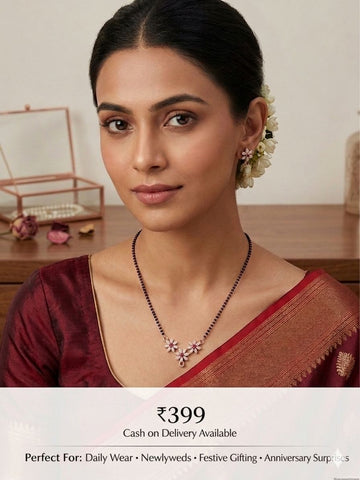 Women Rose Gold-Plated Black Artificial Stones and Beads Mangalsutra